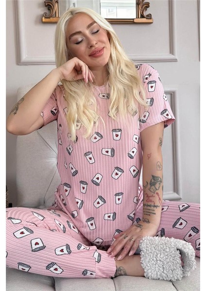 Pijama Evi Pudra Coffee Desenli Kısa Kol Örme Zincir Kadın Pijama Takımı