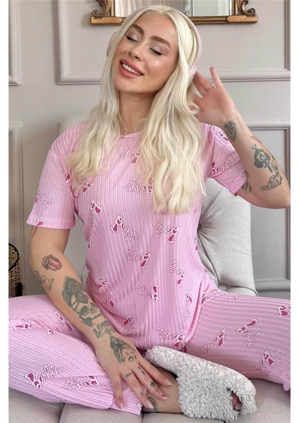 Pijama Evi Açık Pembe Desenli Kısa Kol Örme Zincir Kadın Pijama Takımı