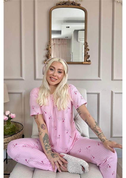 Pijama Evi Açık Pembe Desenli Kısa Kol Örme Zincir Kadın Pijama Takımı