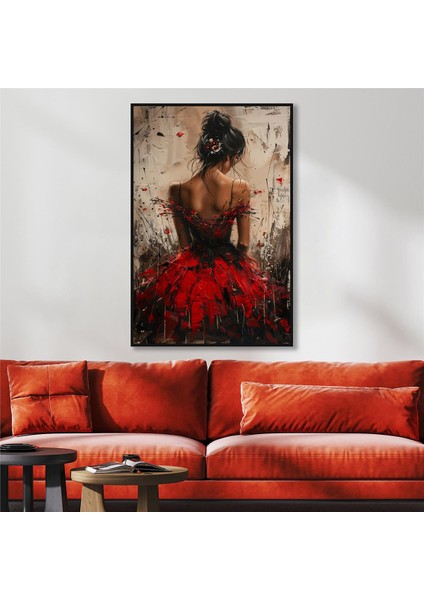 Yağlı Boya Dokulu Tablo Modern Kırmızı Elbiseli Sırtı Dönük Kadın U05009