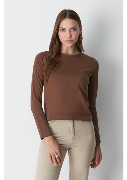 Bisiklet Yaka Uzun Kol 2'li Basic T-Shirt 955 Gri/kahve