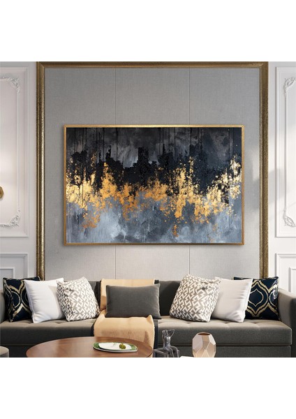 Yağlı Boya Dokulu Tablo Siyah Gri Altın Şehir Manzara U08040