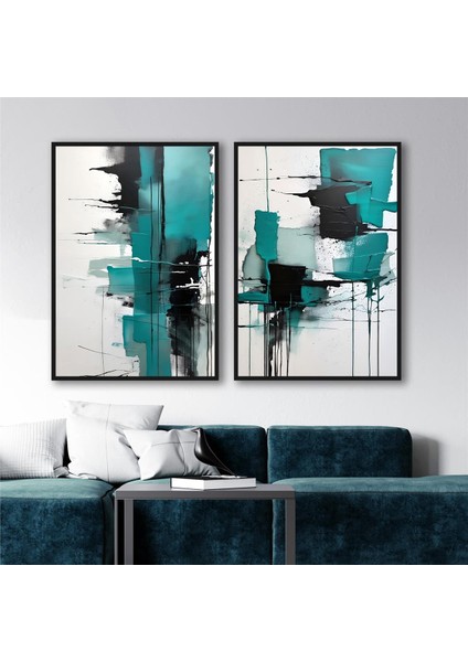Yağlı Boya Dokulu Tablo Yeşil Siyah Beyaz Soyut İkili Set Siyah Çerçeveli U08060