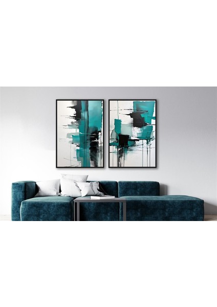 Yağlı Boya Dokulu Tablo Yeşil Siyah Beyaz Soyut İkili Set Siyah Çerçeveli U08060 fiyatları