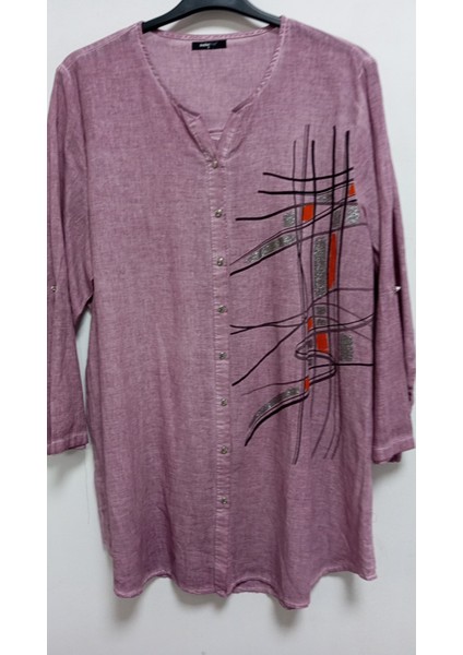 Kadın Büyük Beden Pamuk Keten Sim Baskı Katlamalı Kol Tunik modelleri