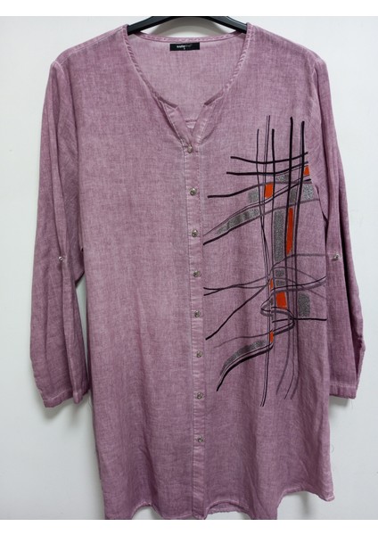 Kadın Büyük Beden Pamuk Keten Sim Baskı Katlamalı Kol Tunik fırsatları