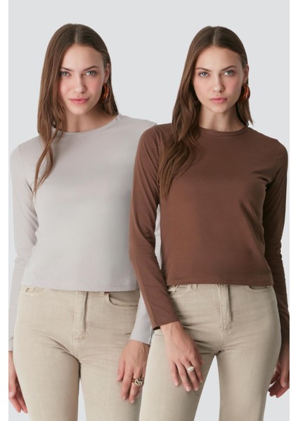 Bisiklet Yaka Uzun Kol 2'li Basic T-Shirt 955 Gri/kahve