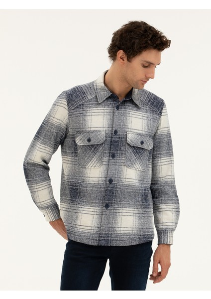 Erkek Lacivert Yün Karışımlı Ekose Overshirt Gömlek 50277998-VR033