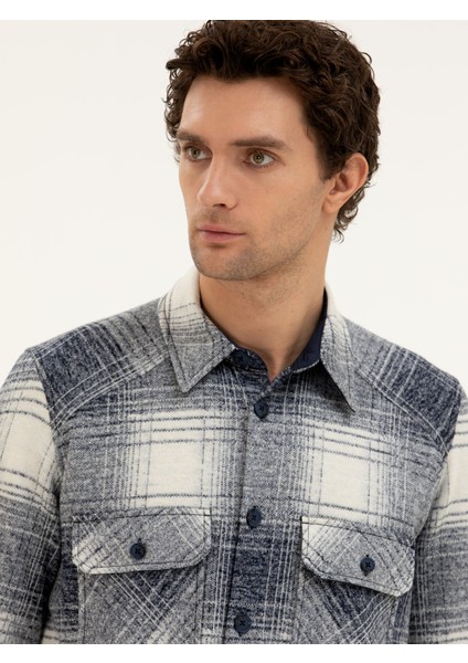Erkek Lacivert Yün Karışımlı Ekose Overshirt Gömlek 50277998-VR033