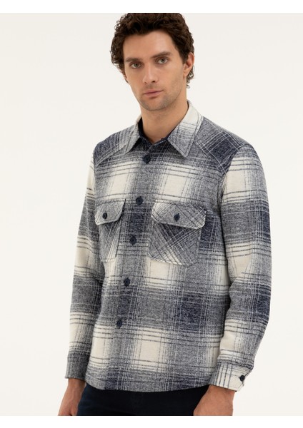 Erkek Lacivert Yün Karışımlı Ekose Overshirt Gömlek 50277998-VR033