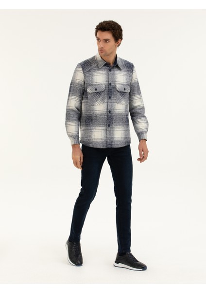 Erkek Lacivert Yün Karışımlı Ekose Overshirt Gömlek 50277998-VR033