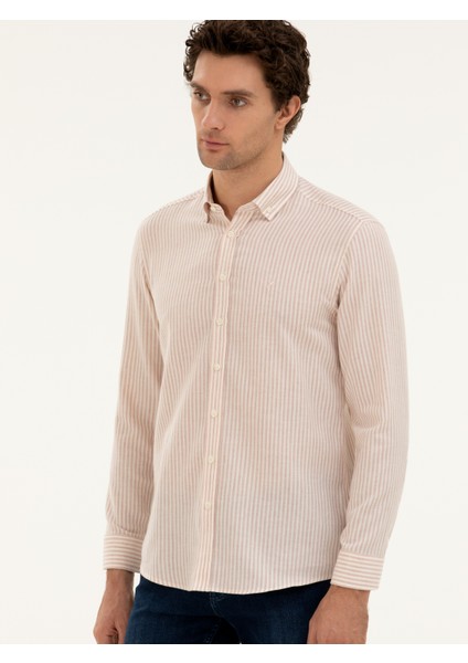 Erkek Pembe Regular Fit Yün Karışımlı Çizgili Gömlek 50272907-VR041 modelleri