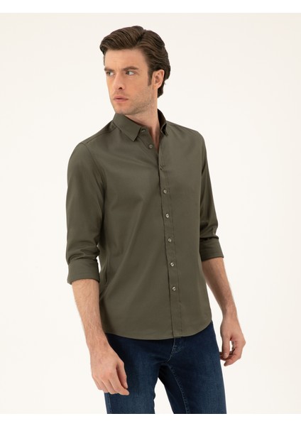 Erkek Haki Slim Fit Pamuk Karışımlı Gömlek 50285450-VR027