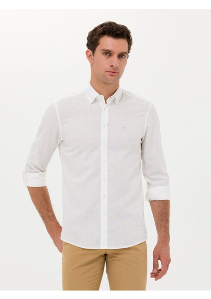 Erkek Beyaz Slim Fit Keten Karışımlı Gömlek 50266184-VR013
