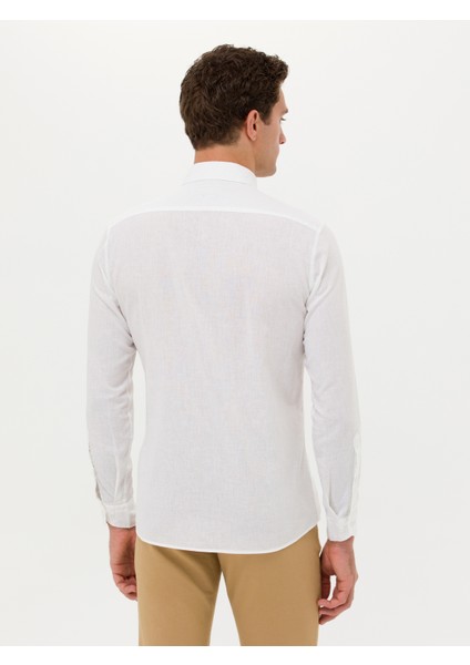 Erkek Beyaz Slim Fit Keten Karışımlı Gömlek 50266184-VR013 indirimleri