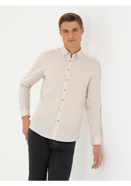 Erkek Bej Slim Fit %100 Pamuk Oxford Gömlek 50270162-VR011