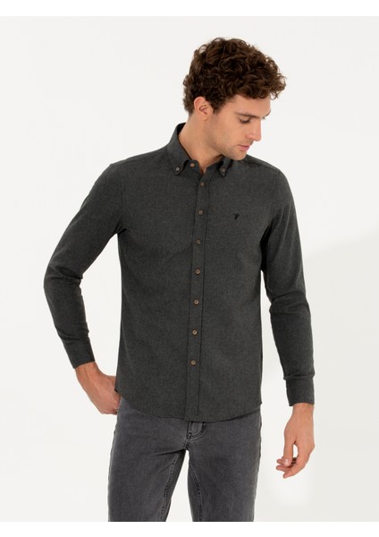 Erkek Siyah Slim Fit Uzun Kollu Gömlek 50256919-VR046 fırsatları