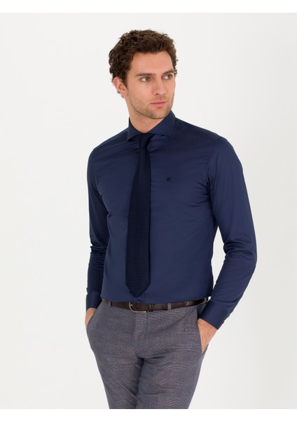 Erkek Lacivert Slim Fit Uzun Kollu Basic Gömlek 50268927-VR033