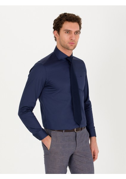 Erkek Lacivert Slim Fit Uzun Kollu Basic Gömlek 50268927-VR033
