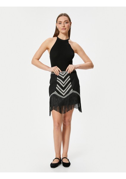 Püsküllü Keten Mini Etek Desenli Şerit Detaylı