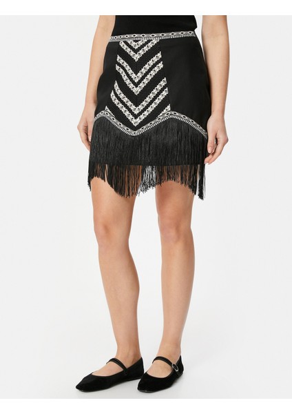 Püsküllü Keten Mini Etek Desenli Şerit Detaylı modelleri