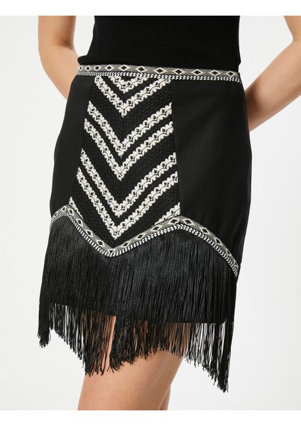 Püsküllü Keten Mini Etek Desenli Şerit Detaylı indirimleri
