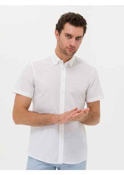 Erkek Beyaz Slim Fit Keten Karışımlı Kısakol Gömlek 50269570-VR013