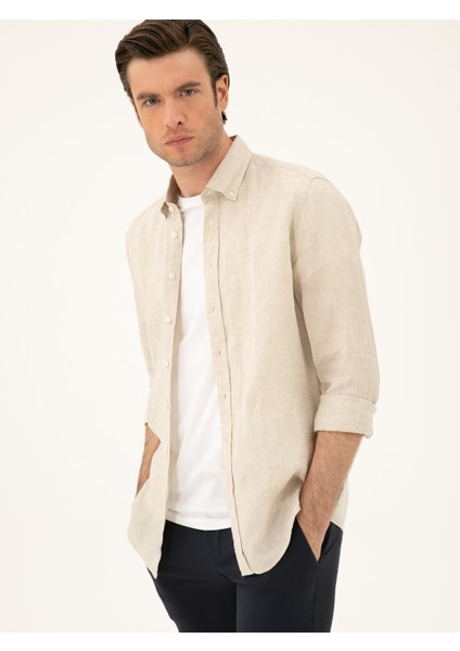 Erkek Bej Regular Fit %100 Keten Gömlek 50284823-VR011