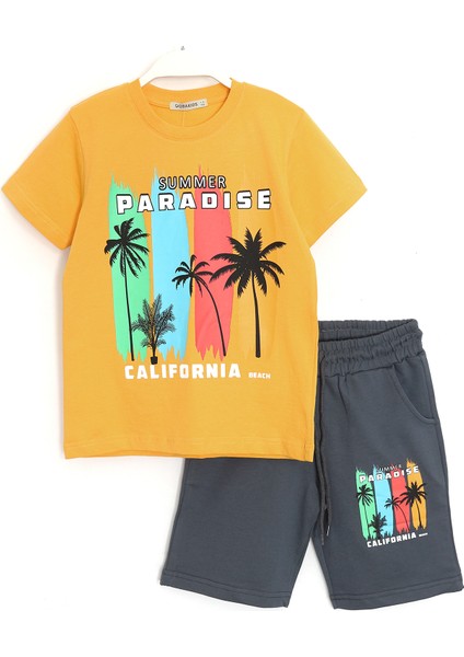 Summer Paradise Baskılı Erkek Çocuk Şort T-Shirt Takım 7-15 Yaş Sarı 001-0001908