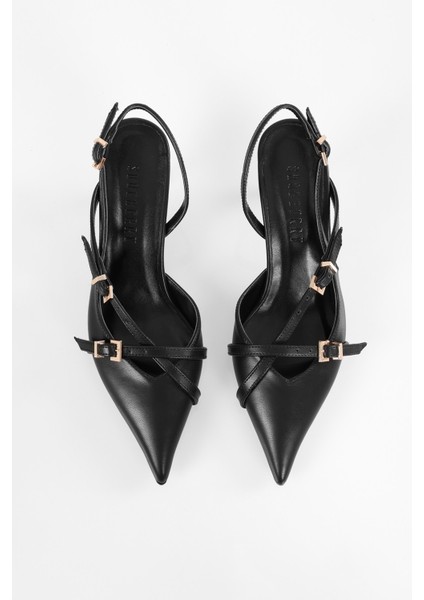 Kadın Lover Siyah Cilt Kemerli Tokalı Sivri Stiletto