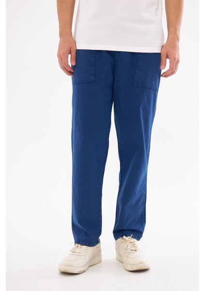 Erkek Mavi Beli Lastikli Keten Pantolon Pamuk Bol Kesim Pantolon