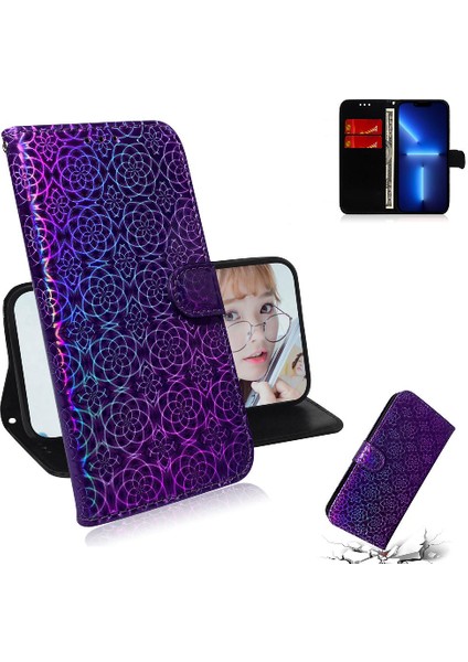 IPhone 15 Için Kılıf Pro Standı Tutucu Kart Yuvası Glitter Renkli Cüzdan Pu (Yurt Dışından)