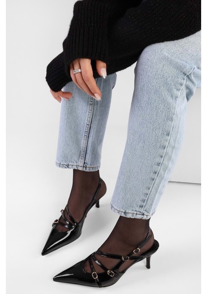 Kadın Joelle Siyah Rugan Kemerli Tokalı Sivri Stiletto