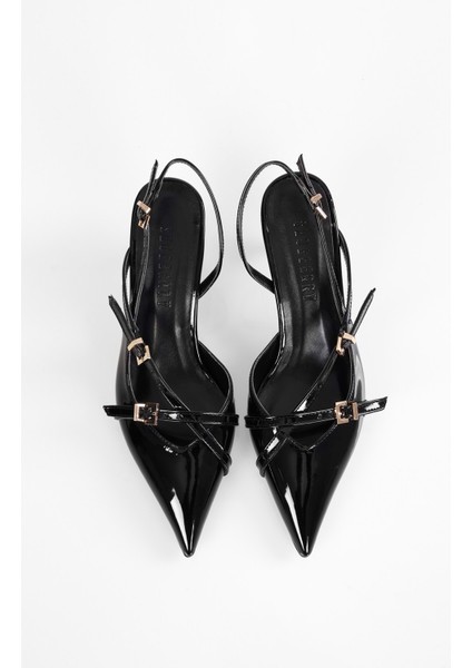 Kadın Lover Siyah Rugan Kemerli Tokalı Sivri Stiletto