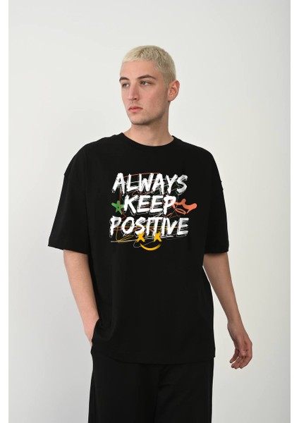 All Wear Style Always Keep Going Baskılı Oversize Kesim Unisex Siyah Tshirt