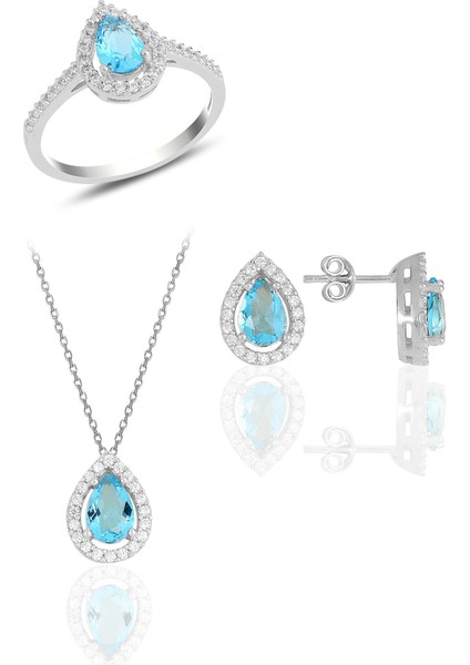 Gümüş Rodyumlu Akuamarin Taşlı Damla Modeli Üçlü Set SGTL11003MAVI