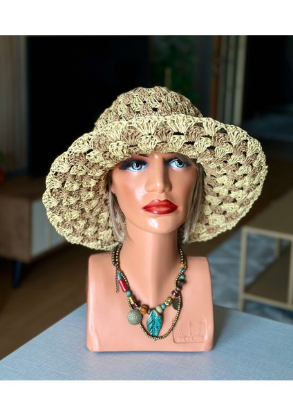 İki Renkli El Örgüsü Hasır Plaj Şapkası