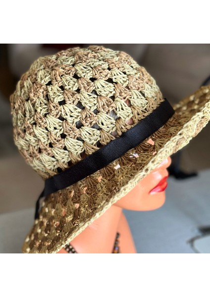 İki Renkli El Örgüsü Hasır Plaj Şapkası modelleri