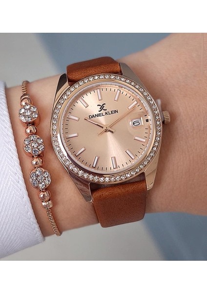 Taba Deri Kayışlı, Rose Kasa, Taşlı, Takvimli Kadın Kol Saati, Taşlı Bileklik Hediyeli