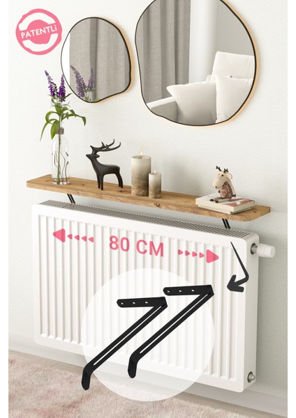 2 Yıl Montajsız Petek Üstü Uçan Raf Dresuar Kalorifer Peteği Rafı Kitaplık 80 x 18 cm Çam Oval Kesi