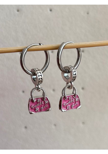 NV Jewellery Çelik Pembe Çanta Pandora's Küpe 2 Adet Charm Özel Tasarım (Çıkarılıp Bilekliğe Takılabilir)