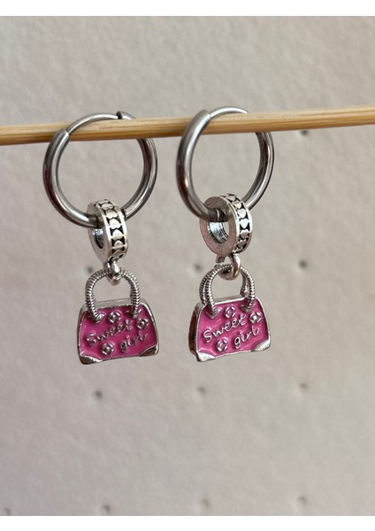 NV Jewellery Çelik Pembe Çanta Pandora's Küpe 2 Adet Charm Özel Tasarım (Çıkarılıp Bilekliğe Takılabilir)