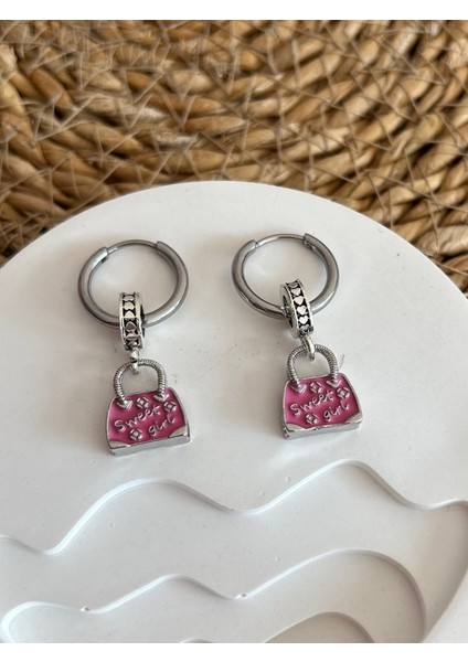 NV Jewellery Çelik Pembe Çanta Pandora's Küpe 2 Adet Charm Özel Tasarım (Çıkarılıp Bilekliğe Takılabilir)