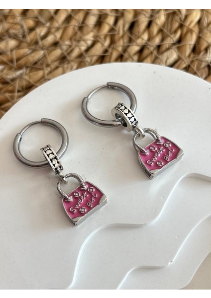 NV Jewellery Çelik Pembe Çanta Pandora's Küpe 2 Adet Charm Özel Tasarım (Çıkarılıp Bilekliğe Takılabilir)