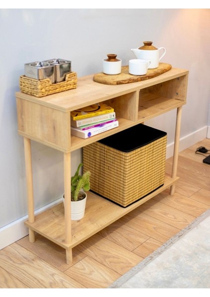 2 Yıl Ahşap Ayaklı Dresuar Dekoratif Raflı Kahve Köşesi Konsol Modern Çok Amaçlı Raf - Safir Meşe 9