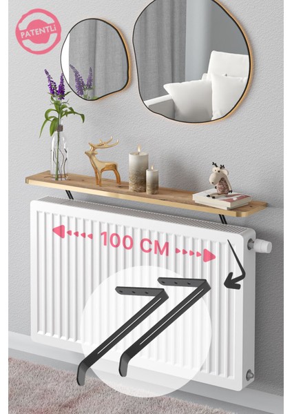 Metal Montajsız Petek Üstü Uçan Raf Dresuar Kalorifer Peteği Rafı Kitaplık 100 x 18 cm Gold Çam Ova