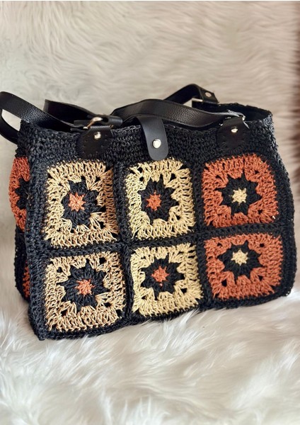 El Yapımı Örgü Motif Desenli Astarlı Hasır Çanta Siyah / 35 x 25