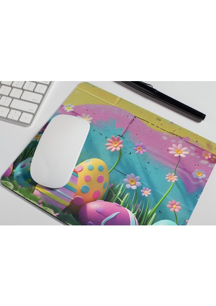 Çiçekli Renkli Duvar ve Renkli Paskalya Yumurtaları Dikdörtgen Şeklindeki Hediyelik ve Günlük Kullanıma Uygun Baskılı Mouse Pad