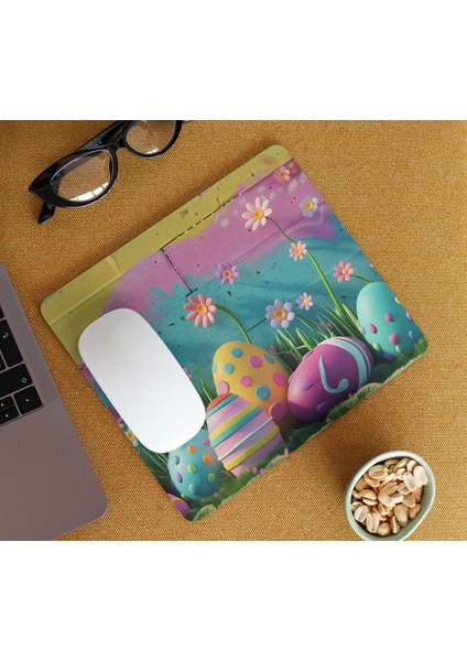 Çiçekli Renkli Duvar ve Renkli Paskalya Yumurtaları Dikdörtgen Şeklindeki Hediyelik ve Günlük Kullanıma Uygun Baskılı Mouse Pad