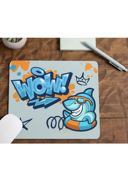 Wow Yazılı Köpek Balığı Baskılı Dikdörtgen Şeklinde Hediyelik ve Günlük Kullanıma Uygun Mouse Pad